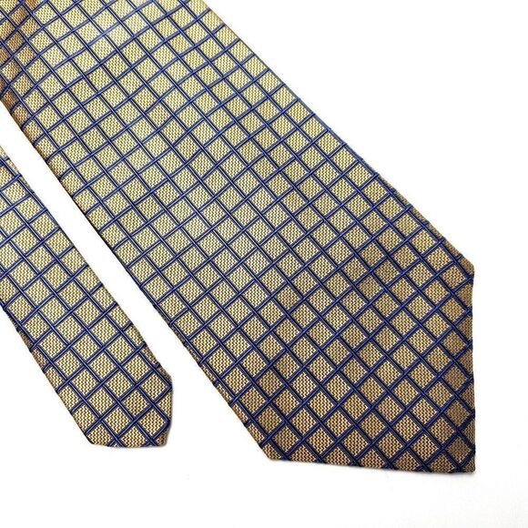 Lands End Silk Tie Gold Blue‎ Woven Geometric USA - Picture 1 of 5